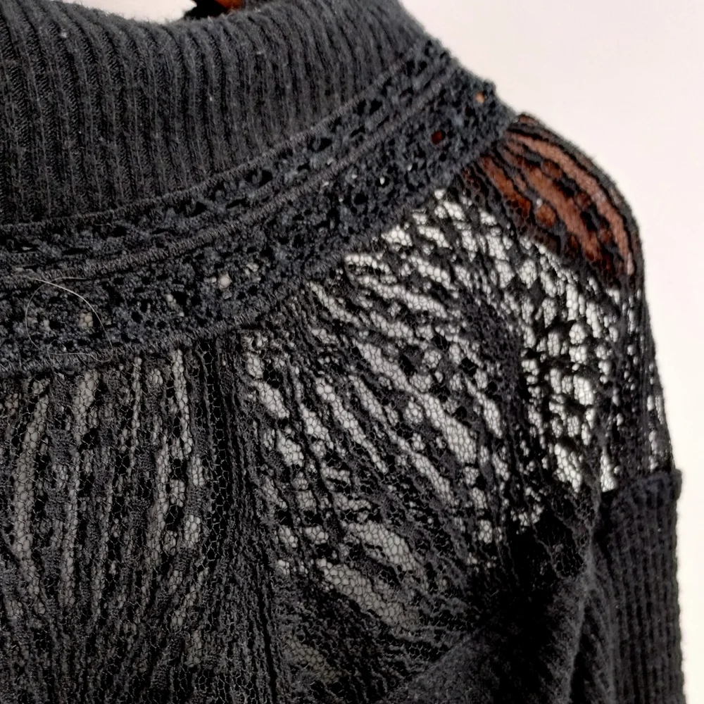 Free People Black Waffle Thermal Lace Neck Top - Picture 12 of 15